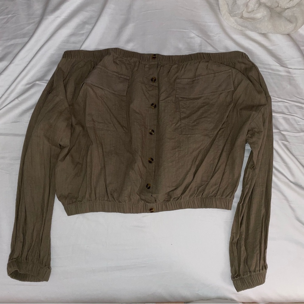 Arm green off the shoulder button up